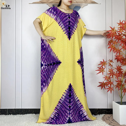 2024 New Muslim Women Dashiki Printed Dress Flower Diamonds Loose Dress With Big Scarf Islamic African Women Short Sleeve Abaya