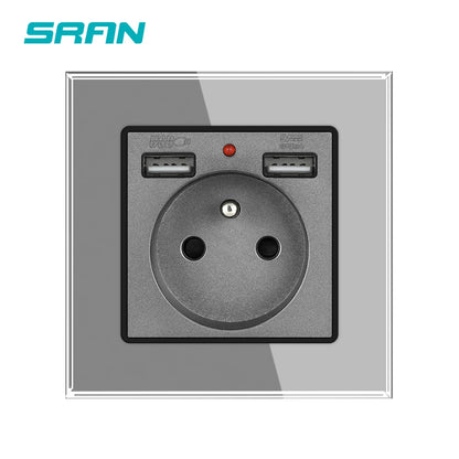 SRAN Französische USB-Wandsteckdose 5 V 2,1 A, Kristall-Hartglasscheibe 16 A 220 V 82 x 82 mm Steckdose Frankreich-Standard mit Abdeckung.