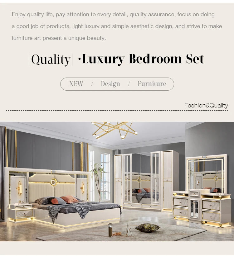 Türkisches Holzrahmen-Doppel-Kingsize-Bettsofa für Zuhause, modernes, luxuriöses, komplettes Schlafzimmermöbel-Set aus Holz