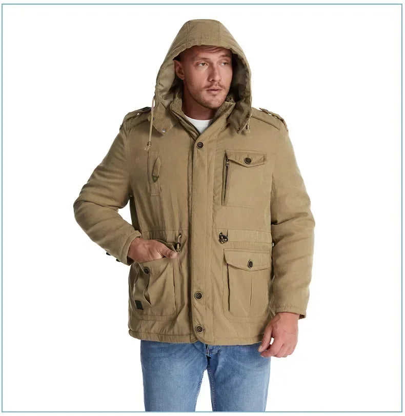 Men's Jacket WINTER USA SIZE Large SIZE Lamb Fleece JACKETS Hooded Cotton Thickened Multi Pocket Casual Mid length Coat