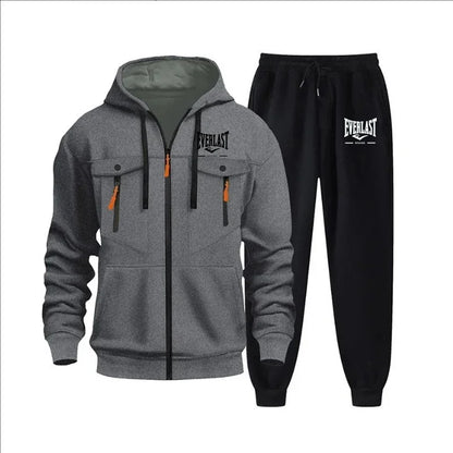 Autumn and winter new men's sweatshirt sport set, fashionable windproof and warm men's zipper hoodie and pants 2-piece set.