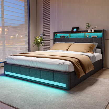 Anajqaqia 160 x 200 cm gepolstertes Doppelbett mit LED-Licht, mit Schublade, mit Aufladung