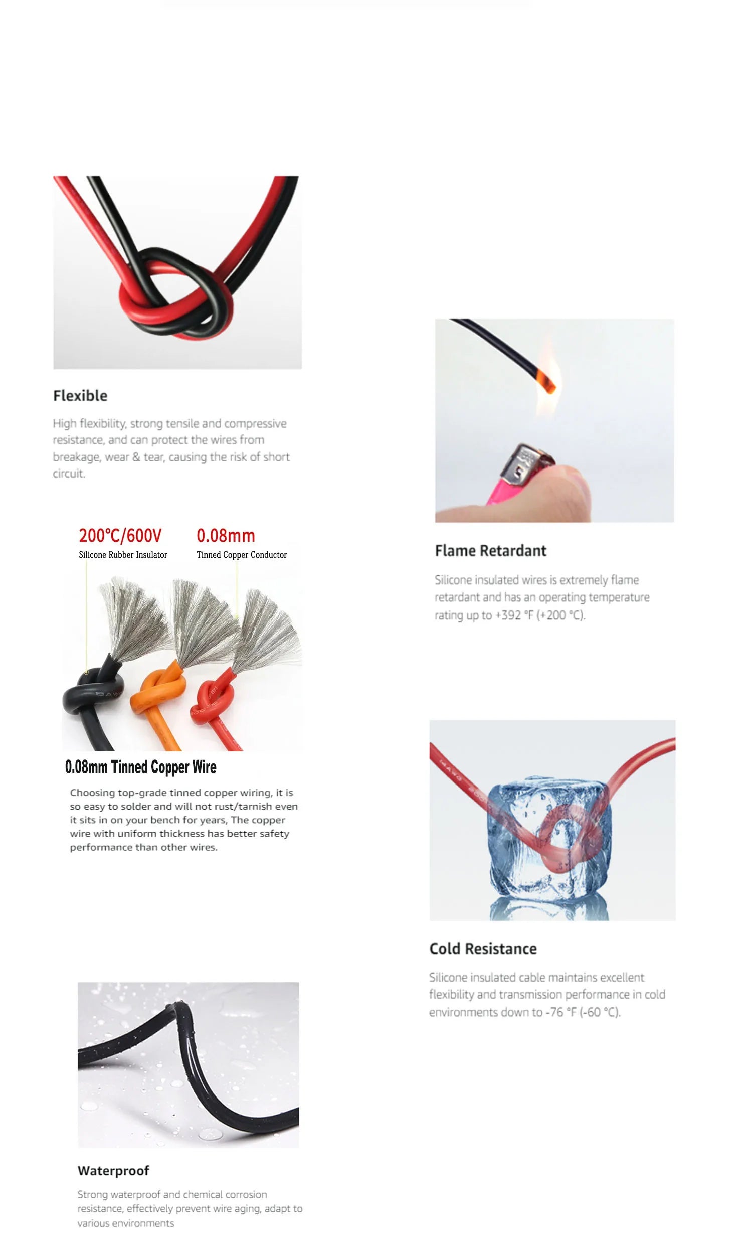 Soft Silicone Connection Cable 16AWG 18AWG 20 22 24 26 28AWG 30AWG 0.08mm Tinned Copper Wire For DIY, Automotive, Power Wiring.