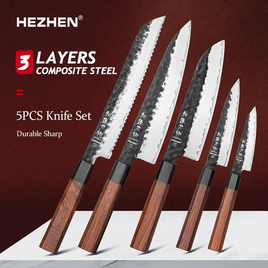 HEZHEN 1PC-5PC Kitchen Knife Set Chef Utility Stainless Steel 3 Layers Composite Steel Santoku Nakiri Kitchen Accessories.