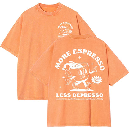 More Espresso Less Depresso Letter Cup Drink Print Washed Womens Tee Shirt Cotton T-Shirts New Breathable Clothes All-Match  Top.
