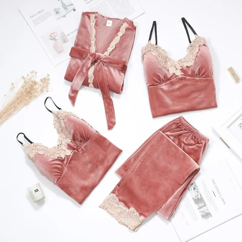 Autumn Velvet Women 4PCS Pajamas Set Sleepwear Burgundy Velour Bathrobe Nightwear Lace Patchwork Pijamas Suit Sexy Negligee.