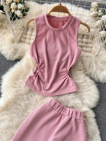 Korean Suits Women's Two Piece Set Summer Slim Fit Sleeveless O-neck Tops High Waist Slits Trousers Two-piece Suit Female D1109