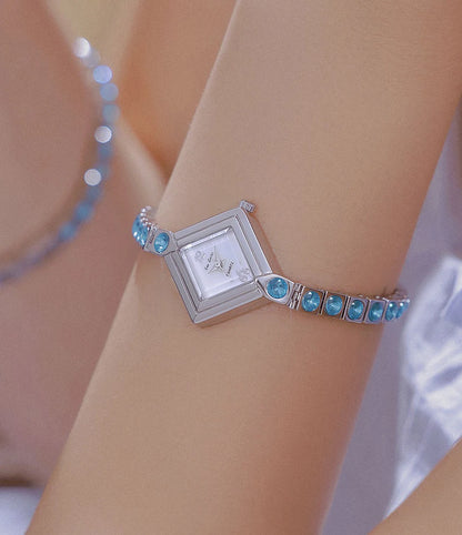 Luxury Women's Watch Square Dial Blue Rhinestones Bracelet Waterproof Fashion Elegant Wristwatch for Women Daily Wear Gifts.