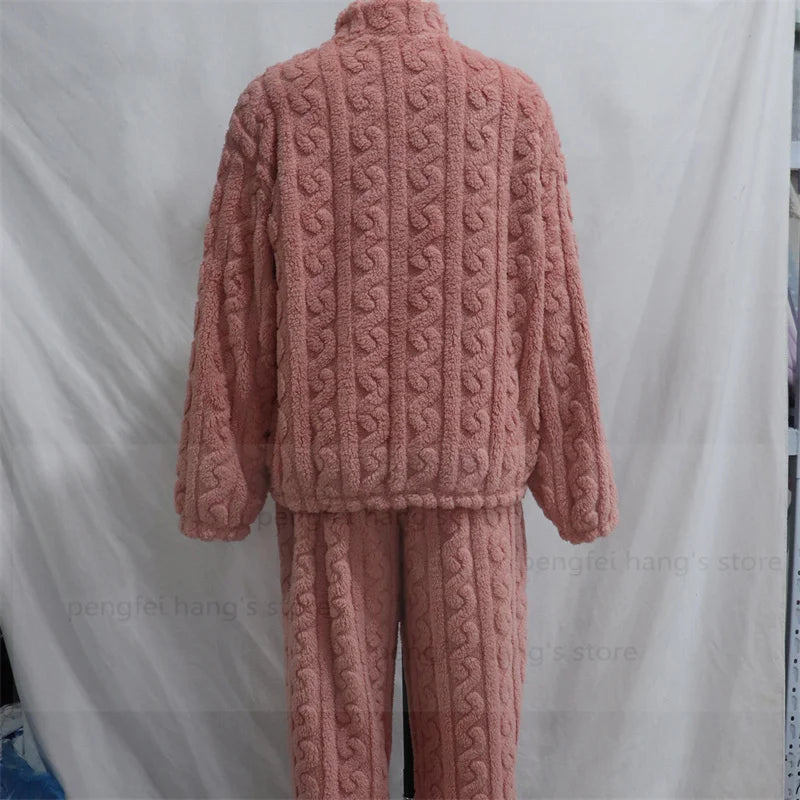 Thick Coral Fleece Pajamas Suit Women Long Sleeve Zip Top Pants Winter Autumn Warm Sleepwear Nightwear with Pocket Pjs.