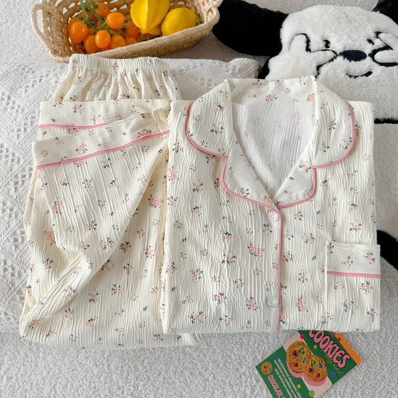 Sweet Little Floral Pajamas Women's Spring and Autumn Long Sleeves New High-Value Niche Pajamas Loungewear Wrinkle Cloth Set.