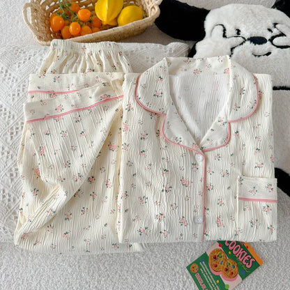 Sweet Little Floral Pajamas Women's Spring and Autumn Long Sleeves New High-Value Niche Pajamas Loungewear Wrinkle Cloth Set.