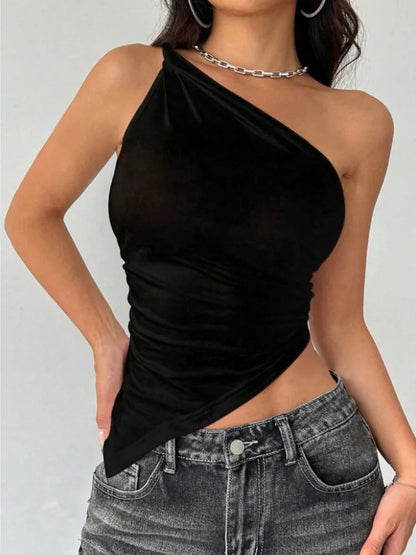 2025 New Fashionable Casual Women's T-Shirt Solid Color Single Shoulder Asymmetrical Slim Fit Top One-Piece Neck.