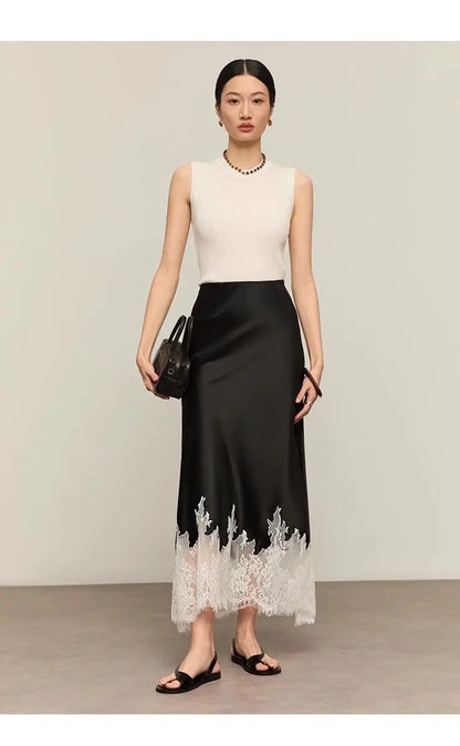 Mia Girl Elegant Satin Long Skirts for Women Oversize Lace Patchwork High Waist A-line Skirt French Style Summer Chic Lady Skirt.