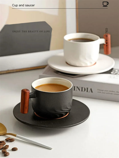Blue Retro Ceramic Coffee Cup with Saucer 130ml Wooden Handle Tea Water Cup Filter Tea Mug Handmade Frosted Tea Coffee Cup Gift.