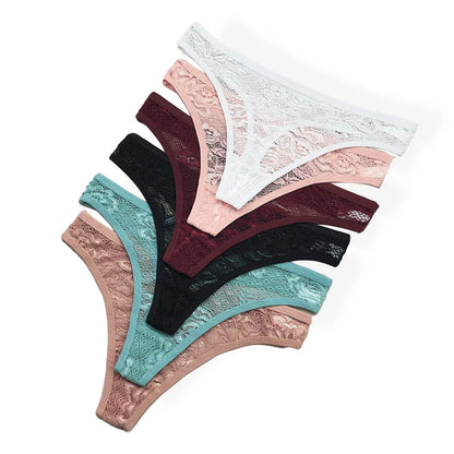 Moonflame 5Pcs Lace Cotton Thongs Underwear Lingerie For Women T-back Ladies Transparent G-string Girls Panties.