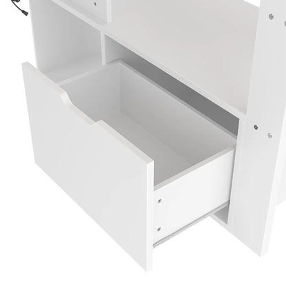 KOMHTOM Gaming Hochbett, Weiß, mit Schreibtisch, LED-Leuchten, Schublade und Regalen - Ohne Matratze