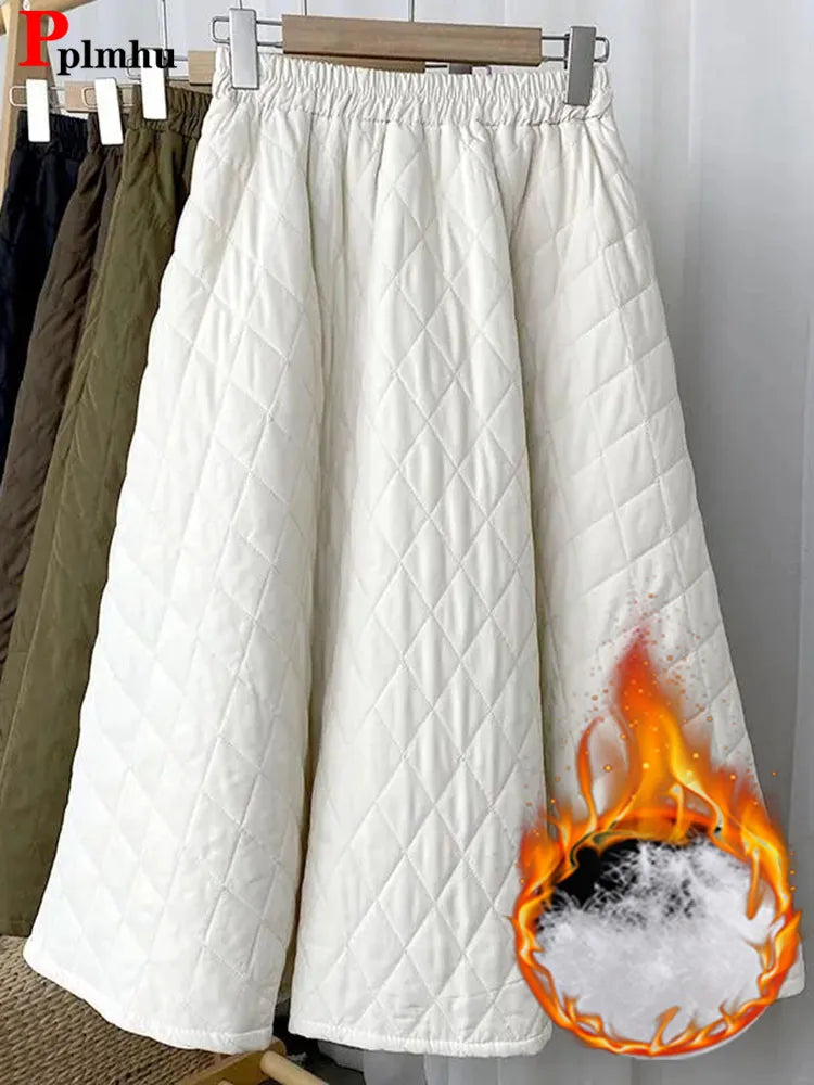 Autumn Winter Cotton Quilted Skirt Warm Womens A-line Faldas Vintage Thicken High Waist Saias Korean Fashion Knee-length Skirts.