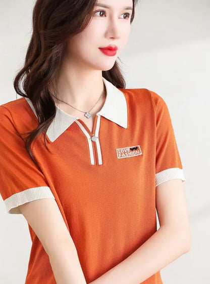 Fashionable polo collar middle-aged and elderly women's loose knitwear thin casual short-sleeved T-shirt.