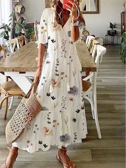 Neue frauen Frühling Sommer Kleid Sexy V-ausschnitt Kordelzug Gedruckt Lange-ärmeln Kleid Beiläufige Lose Mode Elegante Frische Süße kleid
