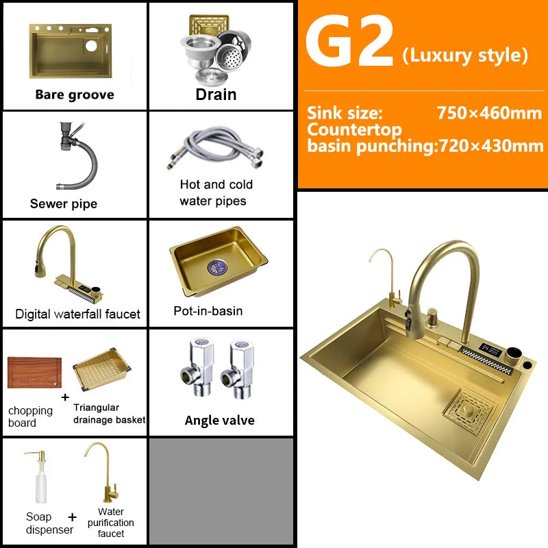 Waterfall Sink Kitchen Stainless Steel Topmount Sink Large Single Slot Wash Basin With Multifunction Touch Waterfall Faucet