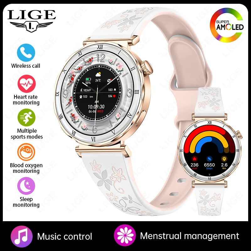 LIGE Luxury 1.19” AMOLED Screen Smart Watch Women Health Monitor Women's Wristwatch Bluetooth Call Waterproof Ladies Smartwatch