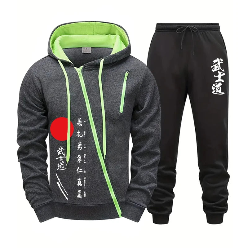 2025 New Arrival Men's Bushido Print Hoodie Sweatpants High Quality Male Outdoor Casual Sport Jogging Suit Motorcycle Zip Outfit.