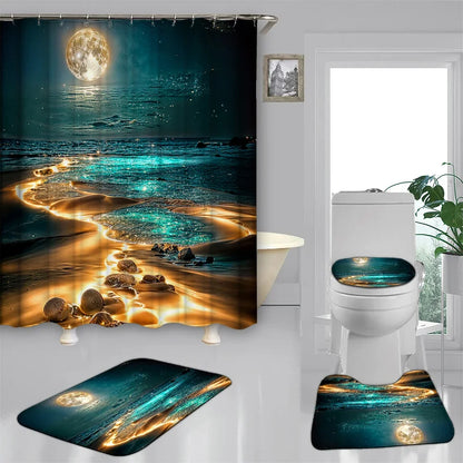 4-teiliges Set wasserdichter Duschvorhang mit Star River Moon-Muster und 12 Haken, bedruckter Vorhang, Badezimmer-Bodenmatte