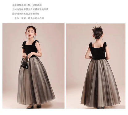 Kinderkleid Mädchen Mode Klavier Violine Performance Kleid Schwarz Samt Mesh Host Chor