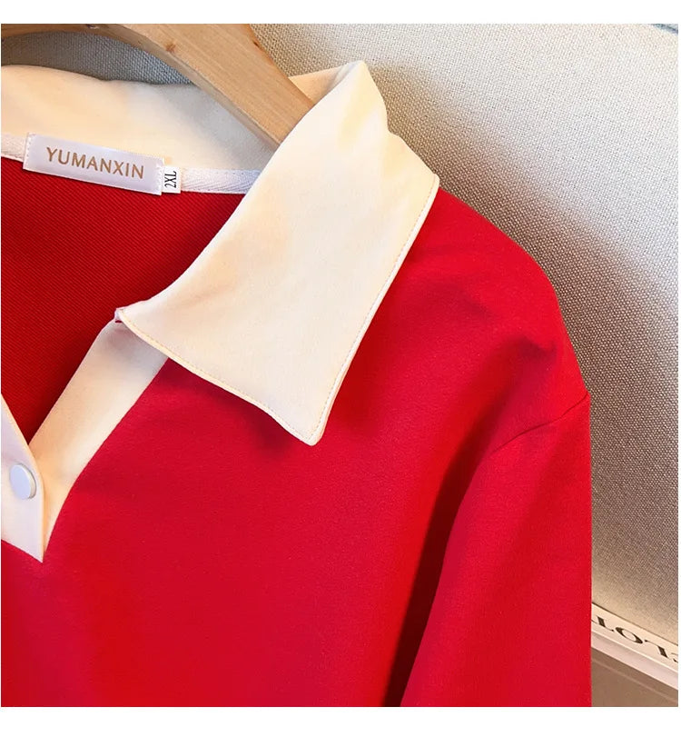 170kg plus size Damen büste Herbst lose Revers Langarm Sweatshirt schwarz rot 6xl 7xl 8xl 9xl 10xl 11xl