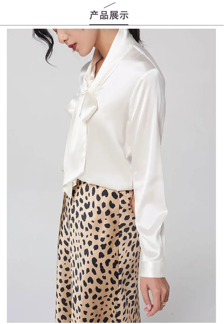 Heavyweight Mulberry Silk Shirt Women's 2025 Spring And Autumn New Long Sleeve Satin Silk Blouse V-neck Bow Ribbon Shirt.