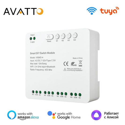 AVATTO Tuya WiFi 4-Kanal-Schaltmodul, 7–32 V/85–250 V RF433 Fernbedienungsrelais-DIY-Modul, funktioniert mit Alexa, Google Home, Alice.