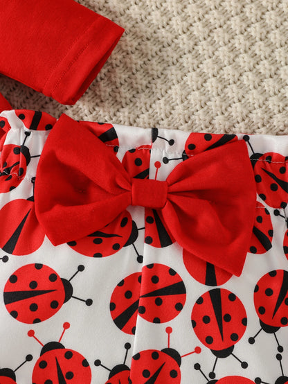 3-28M Baby Girl Fashion Clothes Infant Long Sleeve Cartoon Ladybird Bodysuit +Pant Set+Headband 3PCS.