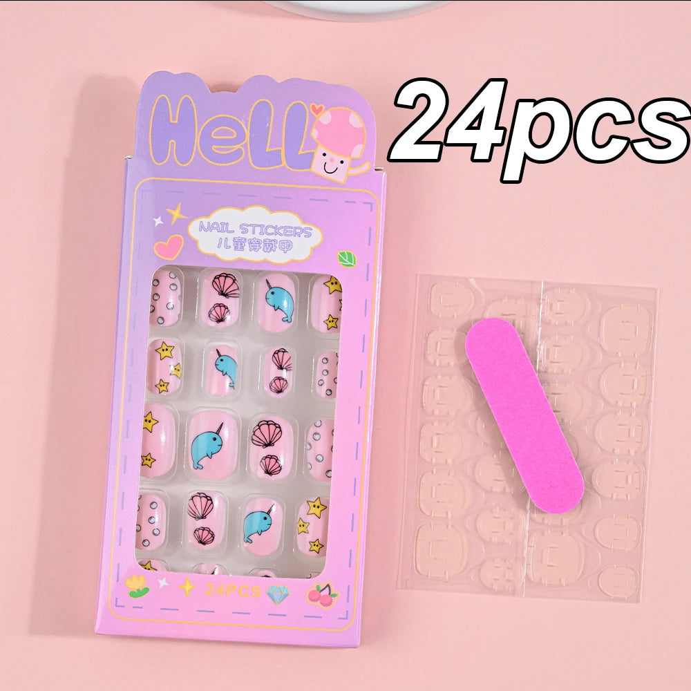 120pcs/box Pink Cartoon Children Press On Nails Candy Color Unicorn Cat Bunny Kids Full Cover False Nail Girls Party Nail Decora