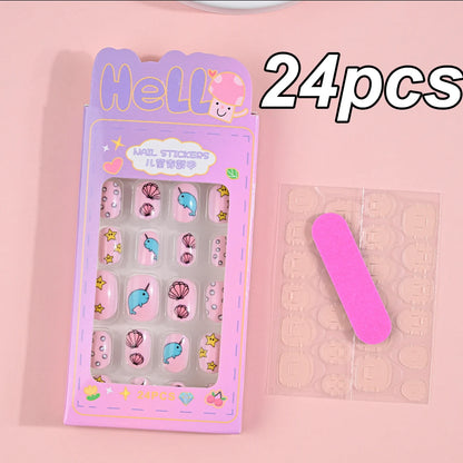 120pcs/box Pink Cartoon Children Press On Nails Candy Color Unicorn Cat Bunny Kids Full Cover False Nail Girls Party Nail Decora