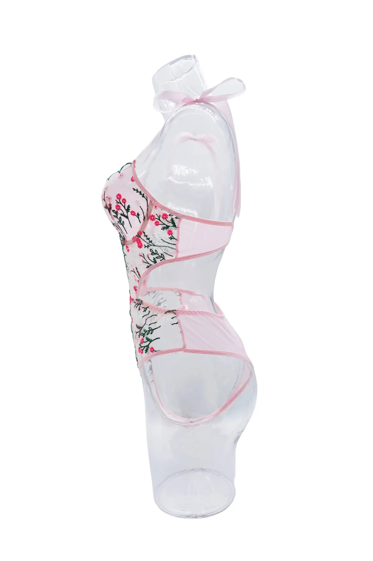 Sexy Pink Floral Embroidery Lingerie Bodysuit Hollow Out Strap Bow Tie Underwear Playsuit Backless Patchwork Mesh Erotic Romper.
