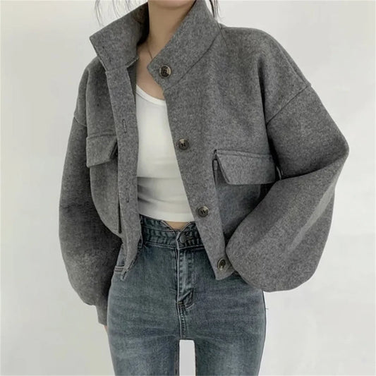 Korean Fashion Herbst Winter Mantel Frauen Neue In Stehen Neck Feste Taste Lose Jacke Dame Casual Straße Outwear Vintage Kleidung