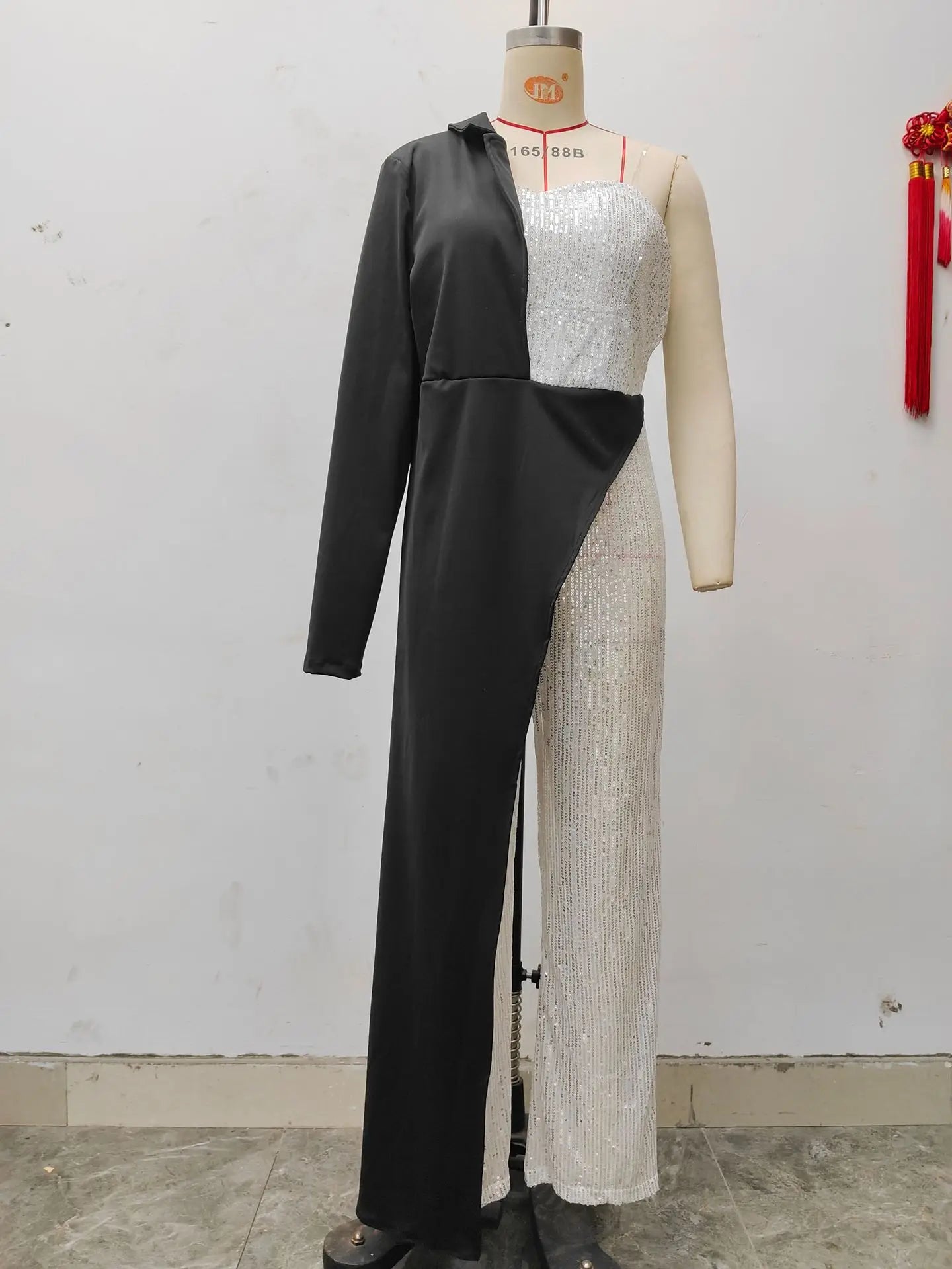 CM.YAYA Women One Long Sleeve Strapless Sequined Blazer Wide Leg Jumpsuits 2025 Evening Party One Piece Set Romper Playsuit.