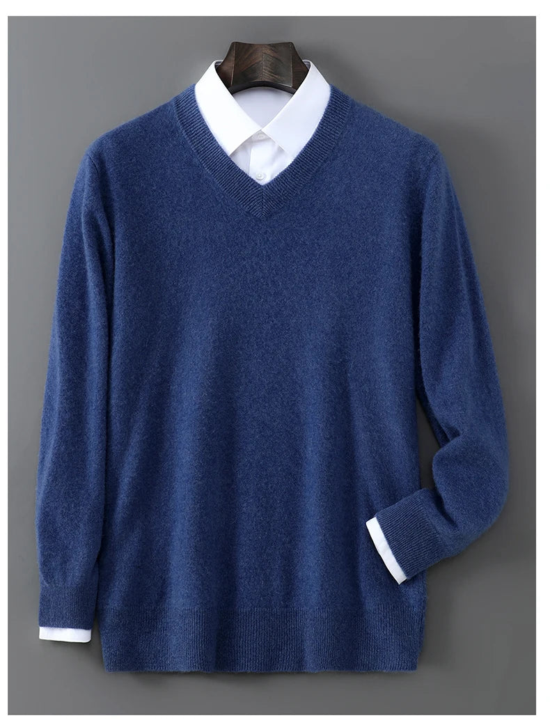 2025 Autumn Winter New Men's Wool Sweater Solid Color V-Neck Pullover Sweater Casual Loose Business Knit Plus Size Base Sweaters