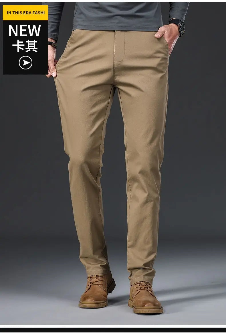 Cotton Men's Casual Pants Straight Stretch Trouser Male Fashion Slim Business Dress Golf Office Spring Autumn Khaki Black Formal