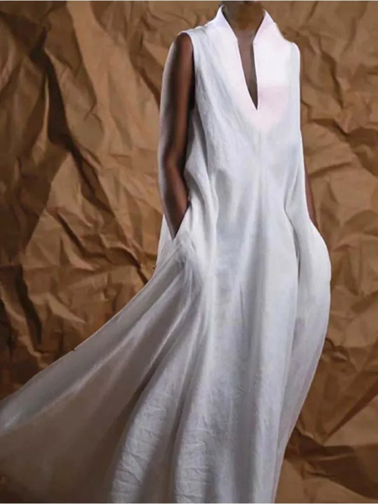 Maxikleid für Damen, einfarbig, weiß, minimalistisch, lässig, Tasche, Vintage, langes Kleid, ärmellos, Baumwolle, Harajuku, neue modische Kleider.
