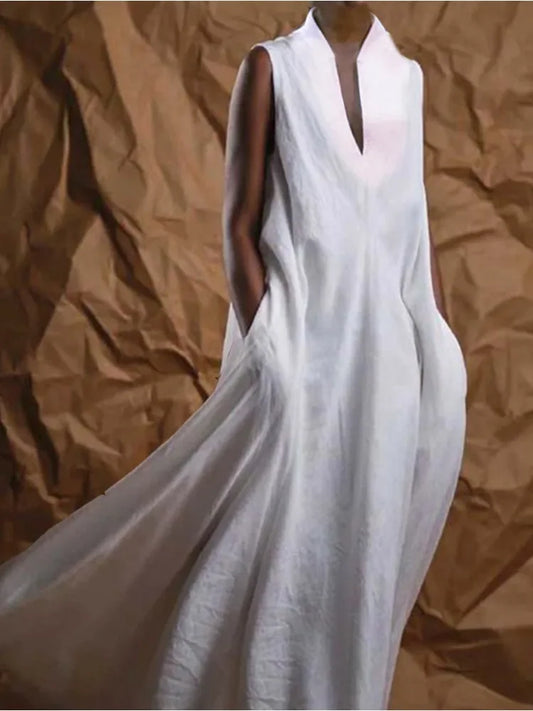 Maxikleid für Damen, einfarbig, weiß, minimalistisch, lässig, Tasche, Vintage, langes Kleid, ärmellos, Baumwolle, Harajuku, neue modische Kleider.