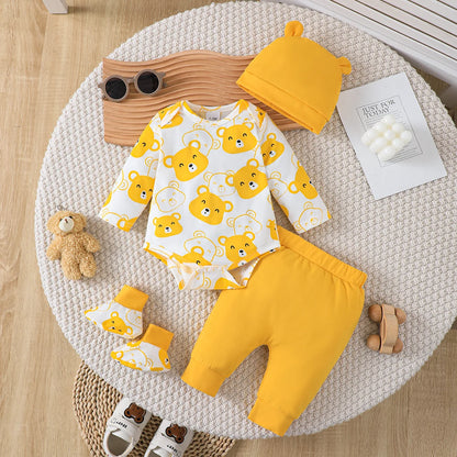 0-9 Months Baby Boy Set Little Bear Long Sleeve Bodysuit+Pants+Hat+Socks 4pcs/Set Baby Spring Autumn clothing Newborn set