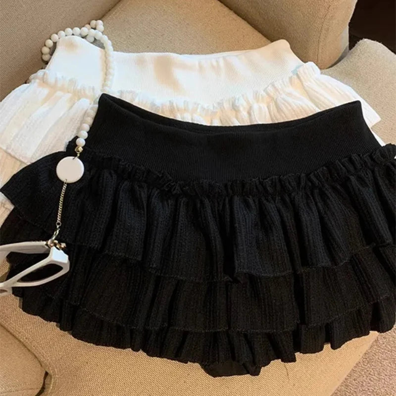 Sweet Puffy Cake Women Skirts Korean Fashion Ruched Ruffle Mini Skirt Campus Harajuku Casual Versatile Elastic Waist Solid Skirt.