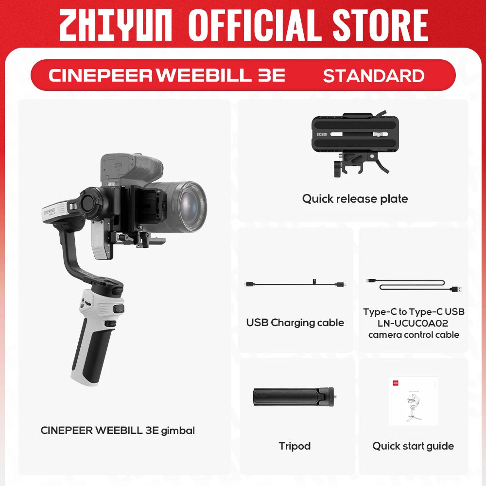 ZHIYUN Official CINEPEER WEEBILL 3E Handheld Camera Gimbal Stabilizer 3-Axis Cameras Gimbals for DSLR Mirrorless Cameras.