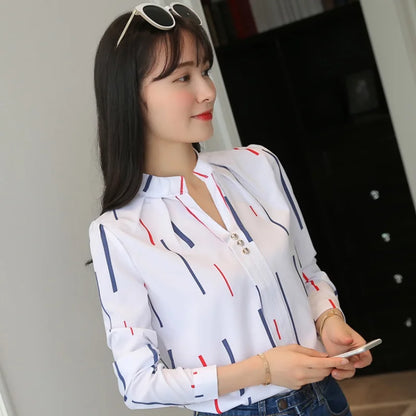 Stripe Women Blouse Fashion Standing Collar Women's Shirt Long Sleeved Shirts and Blouses Printing Ladies Tops Basic Womens Tops.