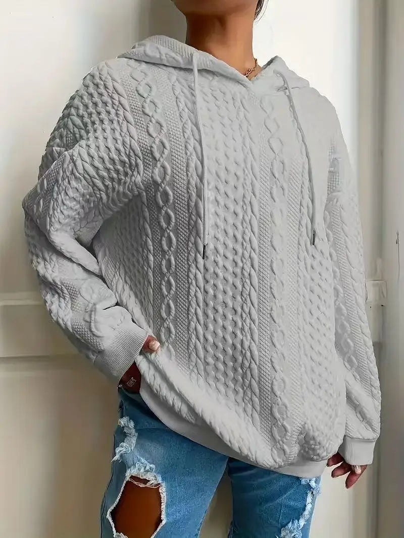Große Größe Damen Langarm Loose Casual Twist Solid Color V-Ausschnitt Kapuzenpullover.