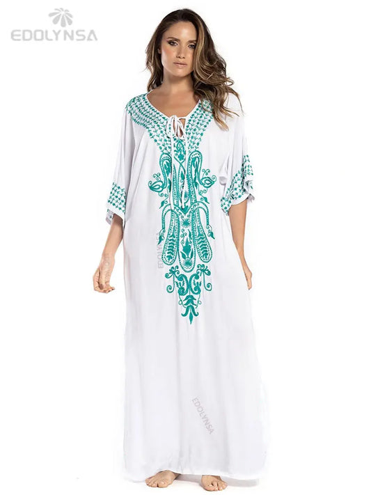 2025 Indie Folk Schnürung V-Ausschnitt Fledermausärmel Sommer Strandkleid Tunika Damen Beachwear Kaftan Maxikleid Robe Sarong Q775