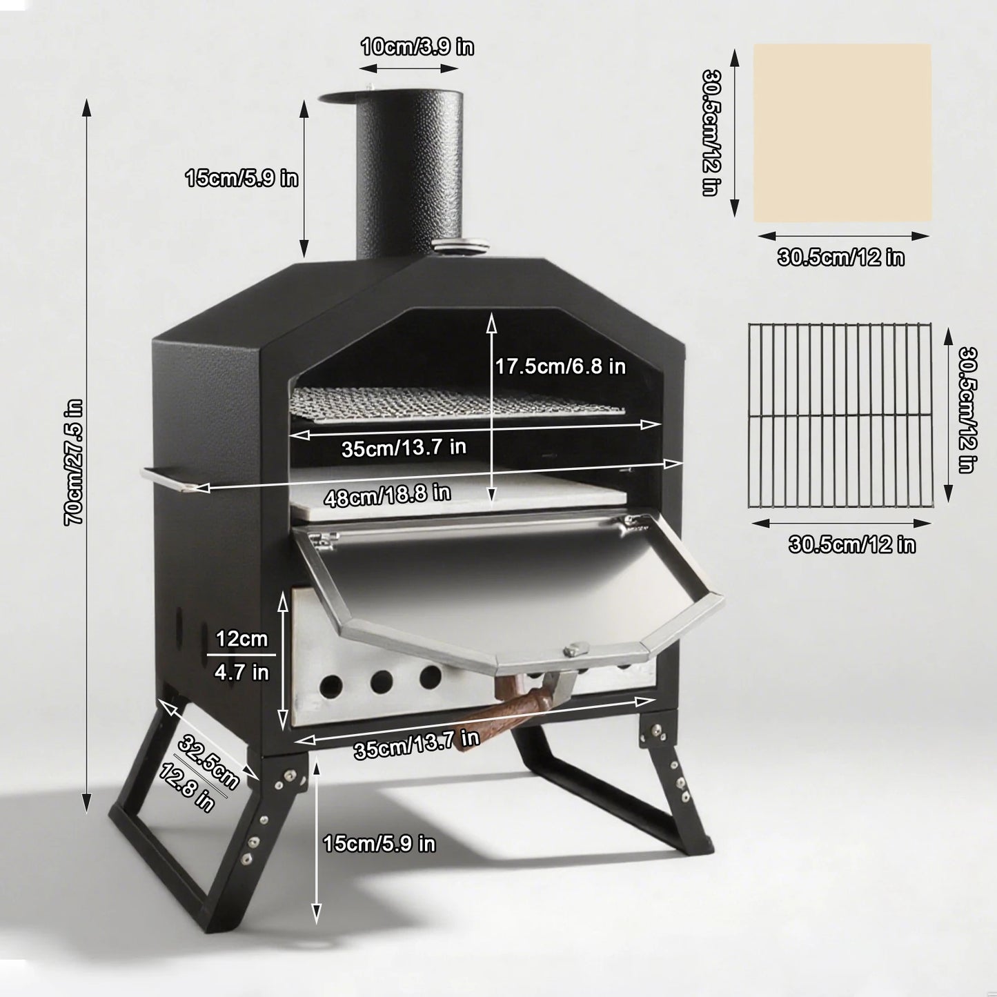 Tragbarer, holzgefeuerter Pizzaofen für den Außenbereich mit 12-Zoll-Stein und Thermometer, klappbare Beine, Camping-Grillmaschine aus Edelstahl für den Hinterhof