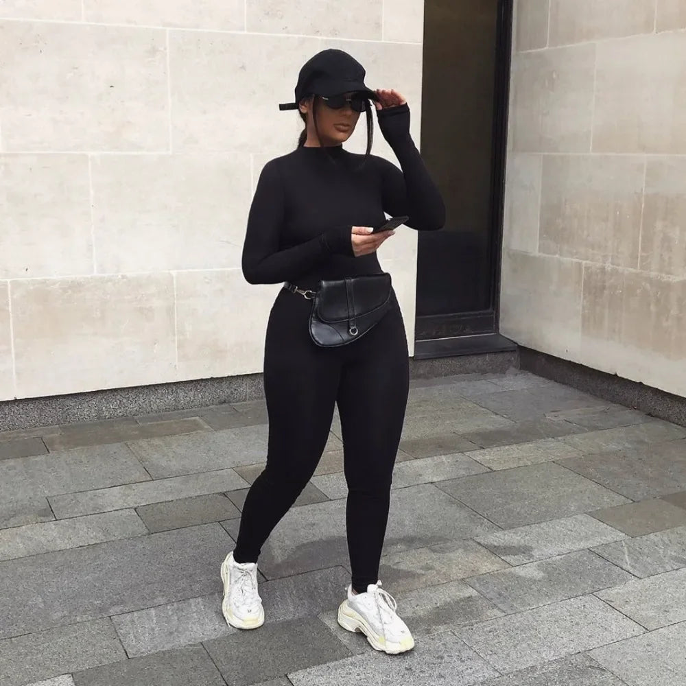 solid black/gray long sleeve skiing jumpsuit women elastic hight outfit fashion fitness sportwear slim rompers streetwear.