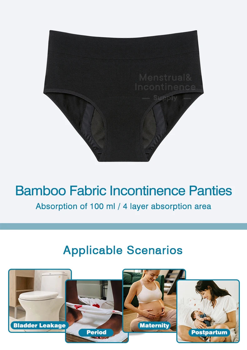 Women Incontinence Underwear Bamboo Fibre High Absorbency Reusable Washable Leakproof Panties for Bladder Leakage.